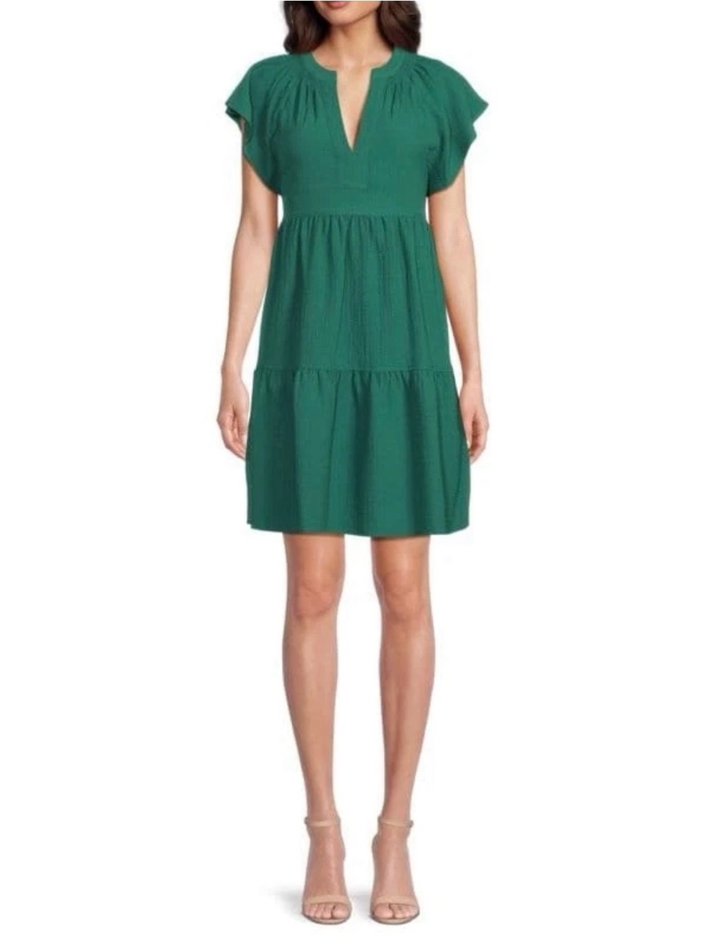 Calvin Klein Crepe Split Neck Tie Waist Tiered Dress